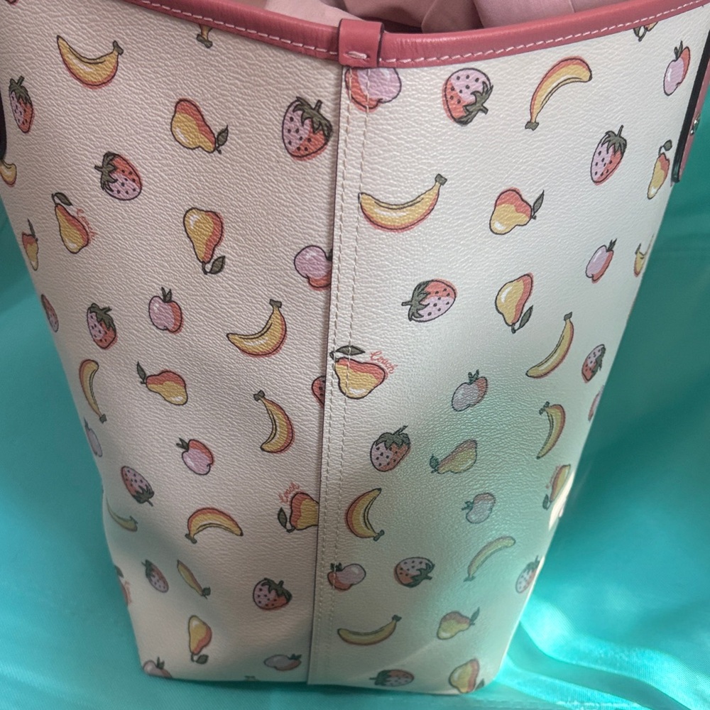 Coach Reversible City Peony Pink Trim White Fruit-Print Leather Tote - Picture 5 of 8